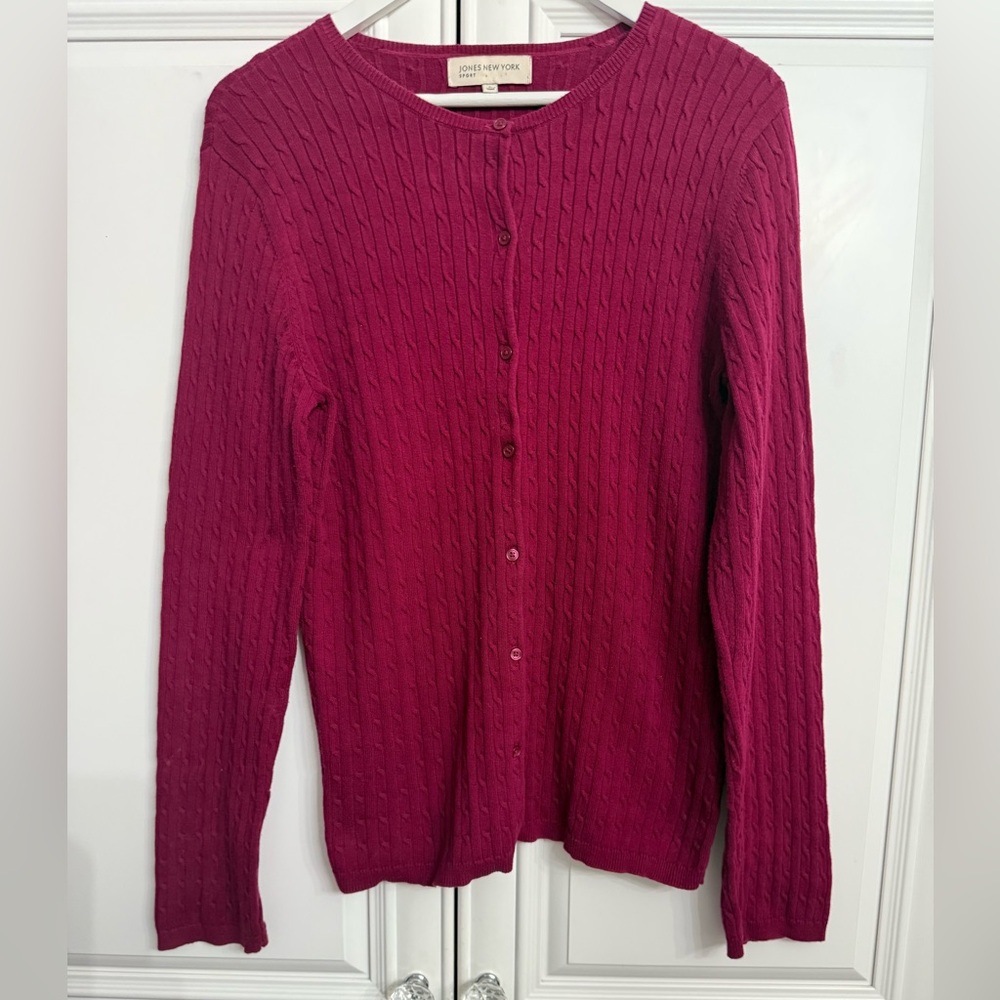 Jones New York Size Large Burgundy Cable Knit Lightweight Cardigan Button Up